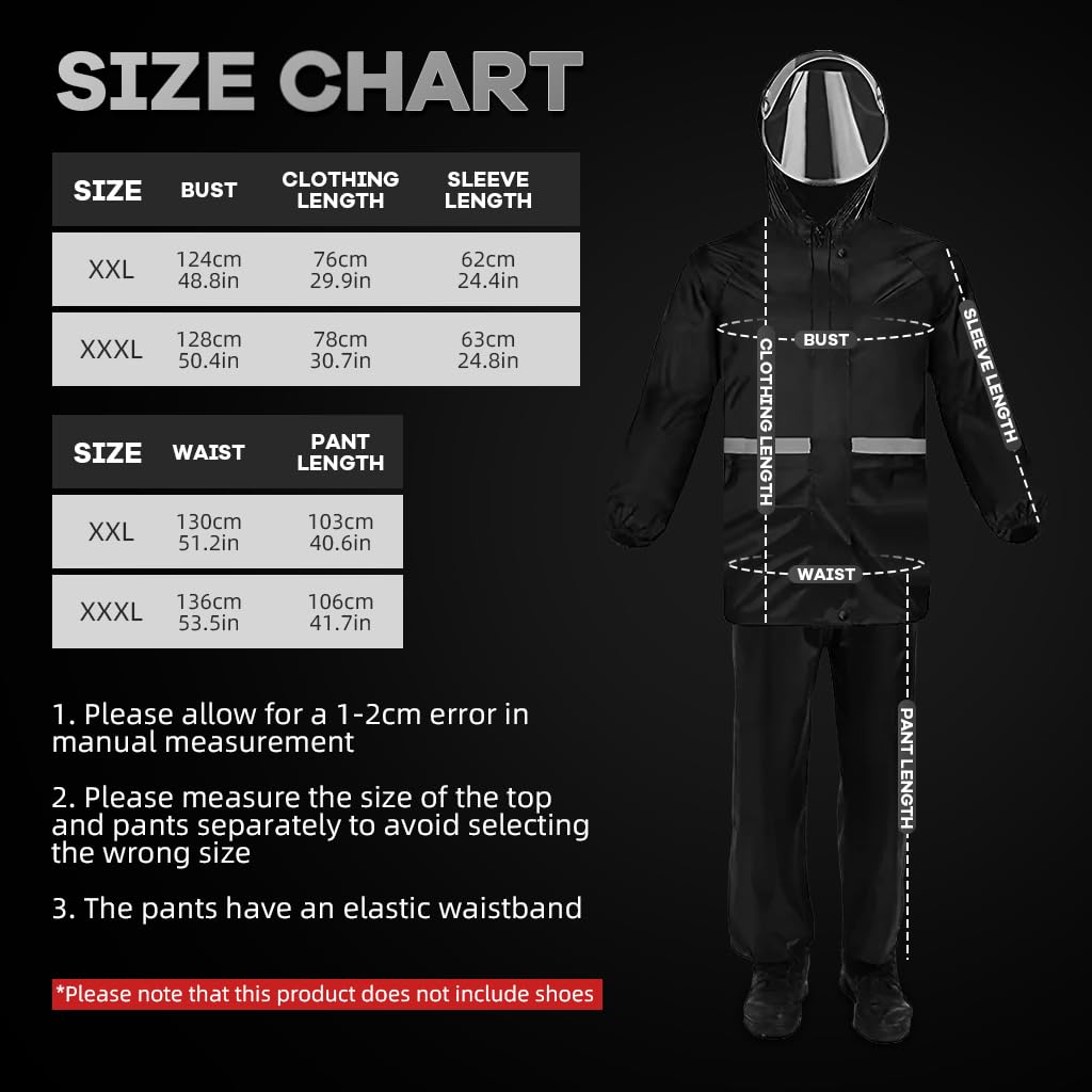 GUSTAVE Men Rain Suit 2-Piece Adult Rain Jacket Hoodie with Transparent Wide Brim Double Oxford Cloth Rain Coat with Mesh Lining Dual Hood Brim Reflective Rain Suits Rain Trousers, XXXL GUSTAVE Men Rain Suit 2-Piece Adult Rain Jacket Hoodie with Transparent Wide Brim Double Oxford Cloth Rain Coat with Mesh Lining Dual Hood Brim Reflective Rain Suits Rain Trousers, XXXL